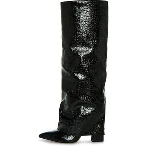 Women Crocodile-black Leather Fold Over Knee High Chunky High Heels Long Boot
